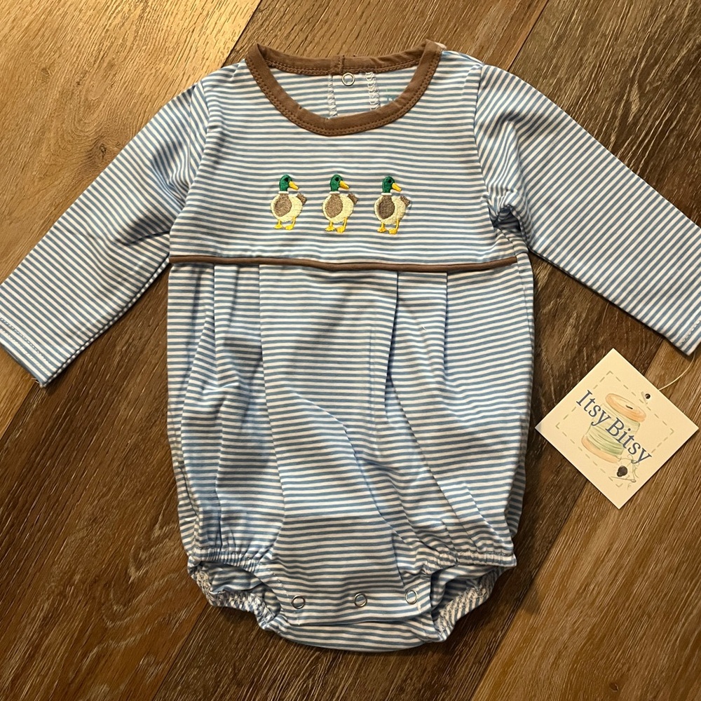 Striped Baby Bubble with Duck Embroidery - White & Brown 9M NWT